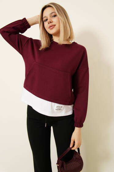 Garnili Armalı Loyşa Sweatshirt Bordo - Kadın Giyim Modelleri