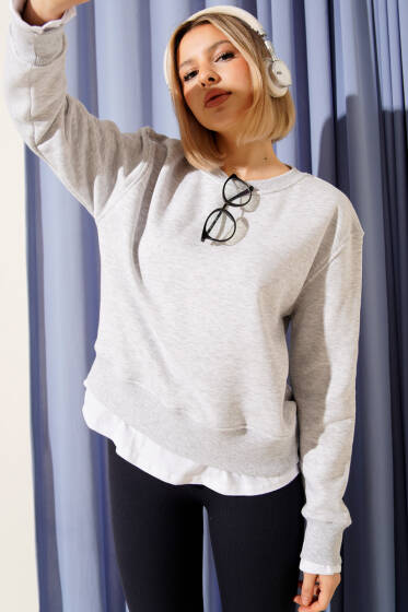 Garnili Bisiklet Yaka Sweatshirt Gri - Kadın Giyim Modelleri