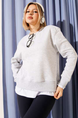 Garnili Bisiklet Yaka Sweatshirt Gri - Kadın Giyim Modelleri