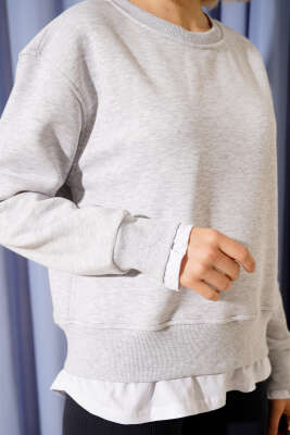 Garnili Bisiklet Yaka Sweatshirt Gri - Kadın Giyim Modelleri