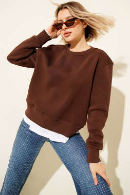 Garnili Bisiklet Yaka Sweatshirt Kahve - Kadın Giyim Modelleri