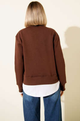 Garnili Bisiklet Yaka Sweatshirt Kahve - Kadın Giyim Modelleri