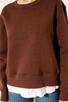 Garnili Bisiklet Yaka Sweatshirt Kahve - Kadın Giyim Modelleri