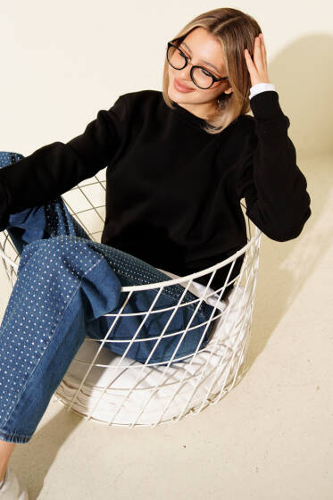 Garnili Bisiklet Yaka Sweatshirt Siyah - Kadın Giyim Modelleri