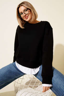 Garnili Bisiklet Yaka Sweatshirt Siyah - Kadın Giyim Modelleri