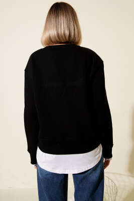Garnili Bisiklet Yaka Sweatshirt Siyah - Kadın Giyim Modelleri