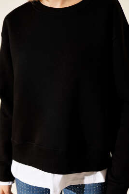 Garnili Bisiklet Yaka Sweatshirt Siyah - Kadın Giyim Modelleri