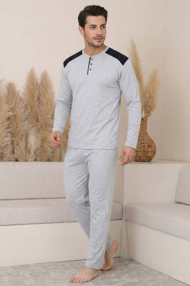 Garnili Büyük Beden Erkek Pijama Takımı Gri - Pijama