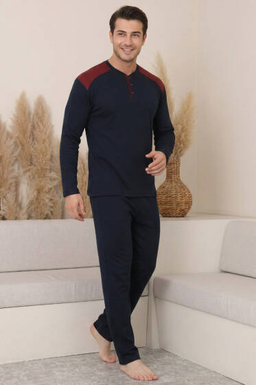 Garnili Büyük Beden Erkek Pijama Takımı Lacivert Bordo - Pijama