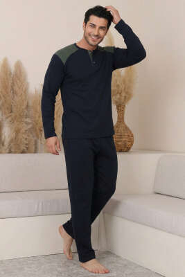 Garnili Büyük Beden Erkek Pijama Takımı Lacivert Haki - GLİSA