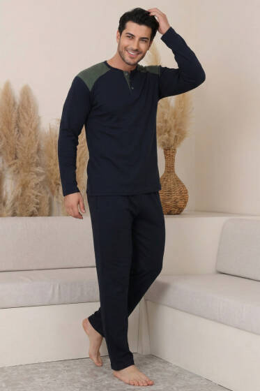 Garnili Büyük Beden Erkek Pijama Takımı Lacivert Haki - Pijama