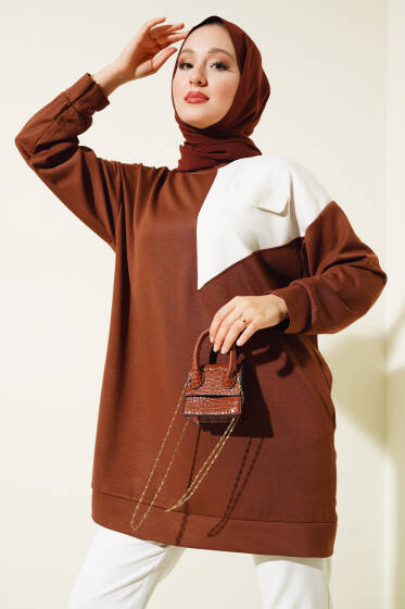	 Garnili Cep Detaylı Tunik Kahve - Tunik