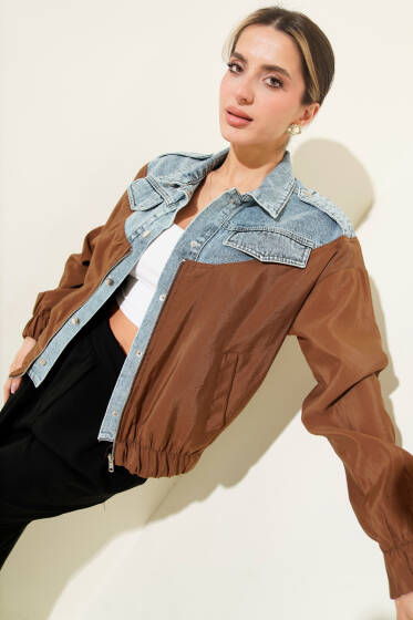 Garnili Cep Kapaklı Bomber Ceket Kahve - Kadın Giyim Modelleri