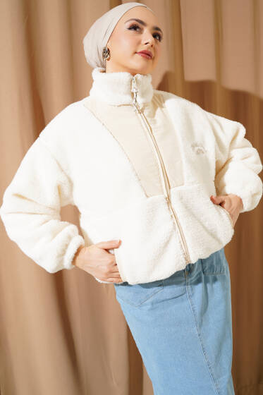 Garnili Cepli Kısa Peluş Mont Ekru - Mont