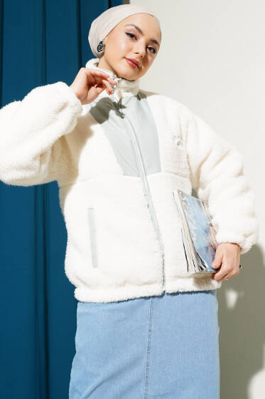 Garnili Cepli Kısa Peluş Mont Gri - Mont