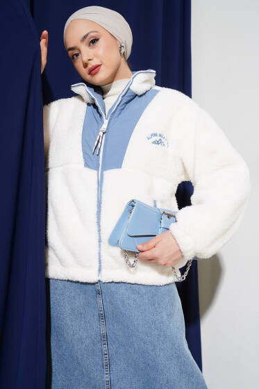 Garnili Cepli Kısa Peluş Mont Mavi - Mont