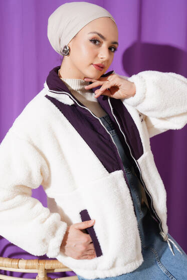 Garnili Cepli Kısa Peluş Mont Mürdüm - Mont