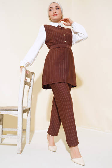 Garnili Çizgili İkili Takım Kahve - İkili Takım