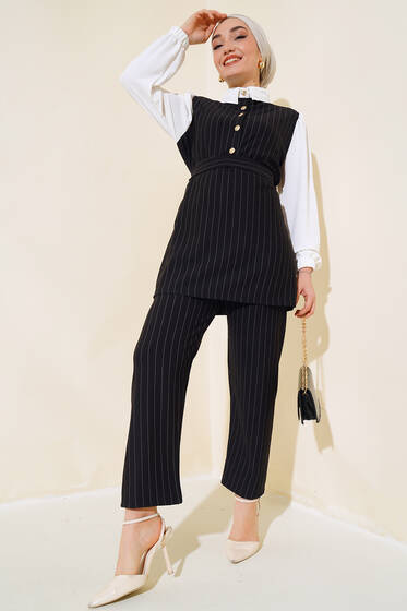 Garnili Çizgili İkili Takım Siyah - İkili Takım