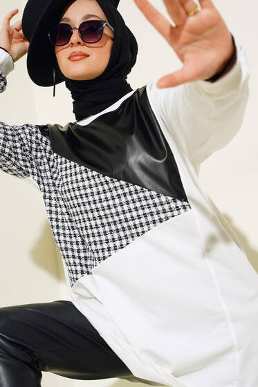 Garnili Deri Detaylı Tunik Ekru - Tunik