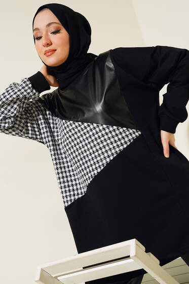 Garnili Deri Detaylı Tunik Siyah - Tunik