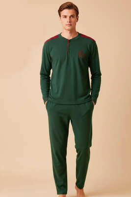Garnili Düğme Detaylı Polar Erkek Pijama Takımı Haki 