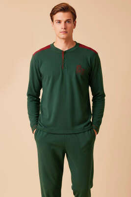 Garnili Düğme Detaylı Polar Erkek Pijama Takımı Haki - Günün Seçilenleri