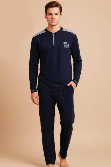 Garnili Düğme Detaylı Polar Erkek Pijama Takımı Lacivert - Günün Seçilenleri