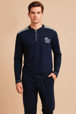 Garnili Düğme Detaylı Polar Erkek Pijama Takımı Lacivert - Günün Seçilenleri