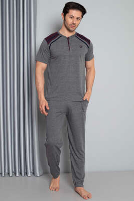 Garnili Düğmeli Kısa Kol Erkek Pijama Takımı Antrasit 