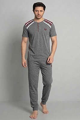 Garnili Düğmeli Kısa Kol Erkek Pijama Takımı Füme 