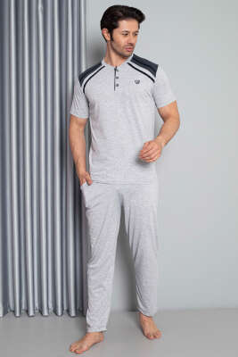 Garnili Düğmeli Kısa Kol Erkek Pijama Takımı Gri - IŞILAY