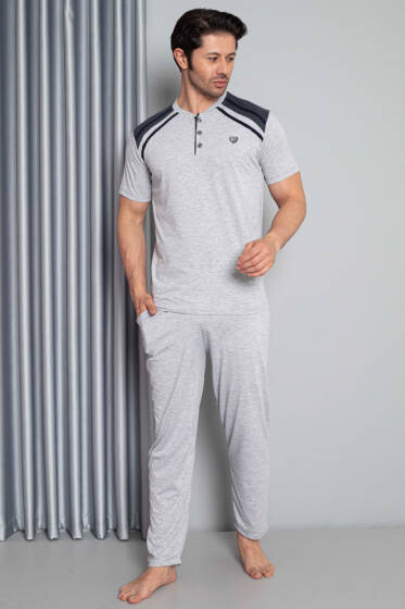 Garnili Düğmeli Kısa Kol Erkek Pijama Takımı Gri - Pijama