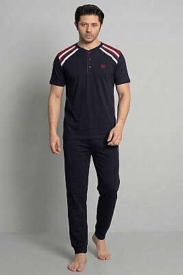 Garnili Düğmeli Kısa Kol Erkek Pijama Takımı Lacivert Bordo 