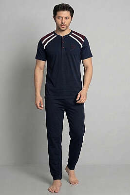 Garnili Düğmeli Kısa Kol Erkek Pijama Takımı Lacivert 