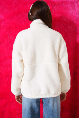 Garnili Fermuarlı Peluş Mont Ekru - Kadın Giyim Modelleri