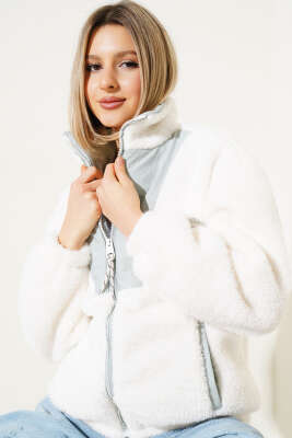 Garnili Fermuarlı Peluş Mont Gri - Kadın Giyim Modelleri