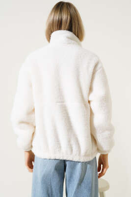 Garnili Fermuarlı Peluş Mont Gri - Kadın Giyim Modelleri