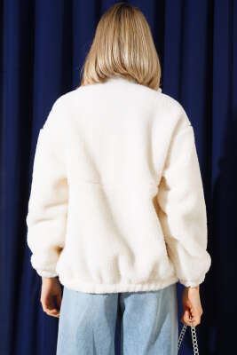 Garnili Fermuarlı Peluş Mont Mavi - Kadın Giyim Modelleri