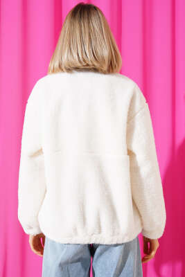 Garnili Fermuarlı Peluş Mont Pudra - Kadın Giyim Modelleri