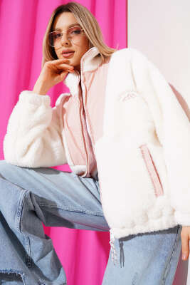 Garnili Fermuarlı Peluş Mont Pudra 