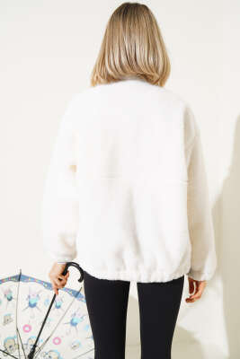 Garnili Fermuarlı Peluş Mont Sarı - Kadın Giyim Modelleri