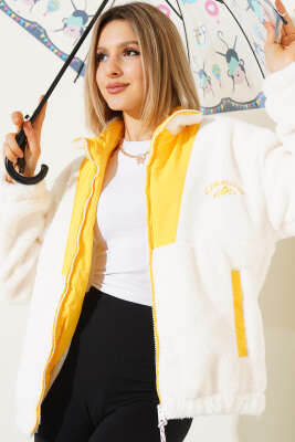 Garnili Fermuarlı Peluş Mont Sarı - Kadın Giyim Modelleri