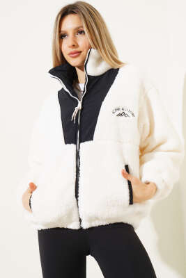 Garnili Fermuarlı Peluş Mont Siyah - Kadın Giyim Modelleri