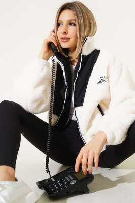 Garnili Fermuarlı Peluş Mont Siyah - BIGDART