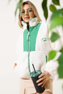 Garnili Fermuarlı Peluş Mont Yeşil - Kadın Giyim Modelleri