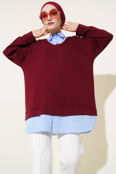 Garnili Gömlek Yaka Çizgili Tunik Bordo - Tunik