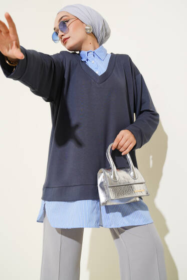 Garnili Gömlek Yaka Çizgili Tunik Füme - Tunik