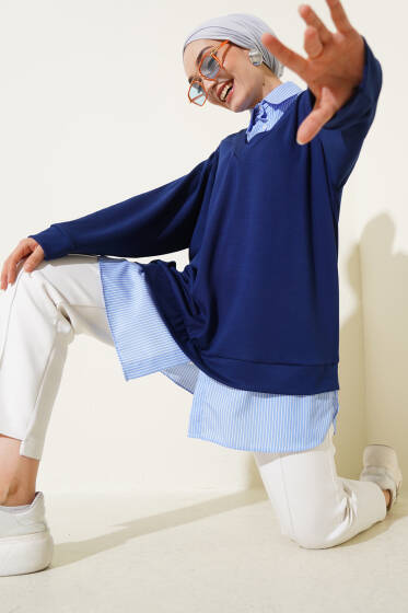 Garnili Gömlek Yaka Çizgili Tunik Lacivert - Tunik