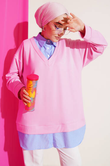 Garnili Gömlek Yaka Çizgili Tunik Pembe - Tunik